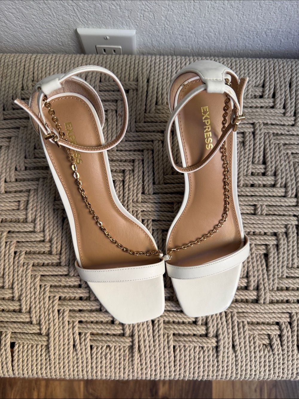 Express White Ankle-Strap Heeled Sandals with Gold Chain Detail